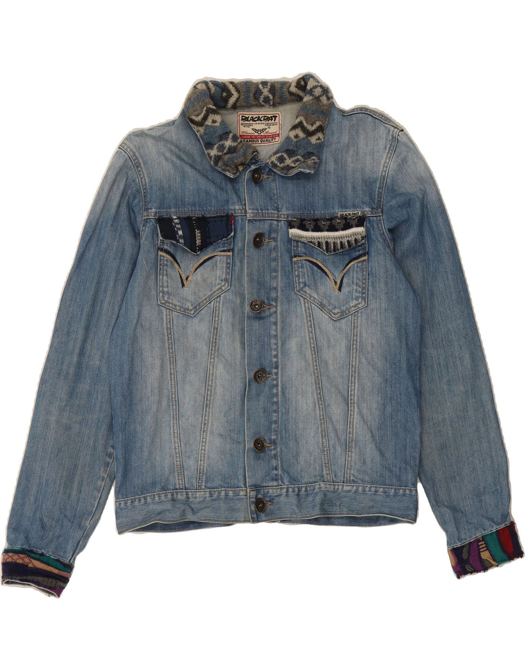 VINTAGE Womens Denim Jacket UK 16 Large Blue Colourblock Cotton Vintage Vintage and Second-Hand Vintage from Messina Hembry 