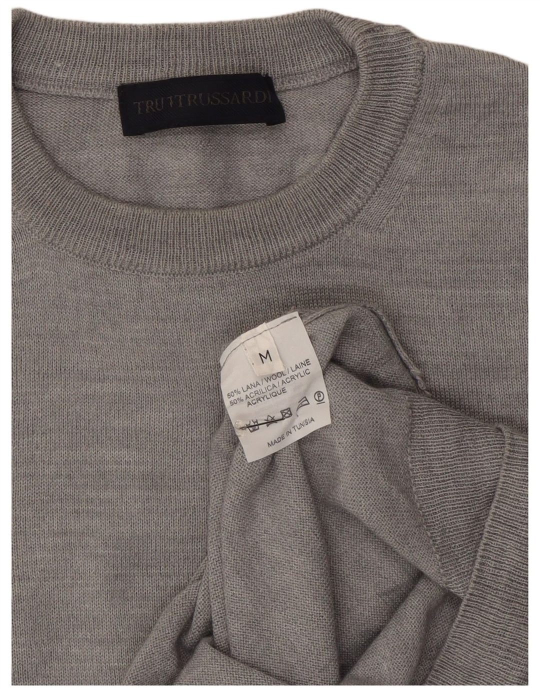 Trussardi Herre Crew Neck Jumper Sweater Medium Grey Uld