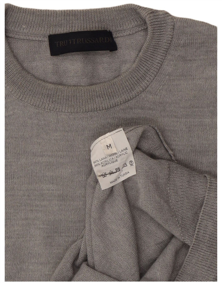 Trussardi Herre Crew Neck Jumper Sweater Medium Grey Uld