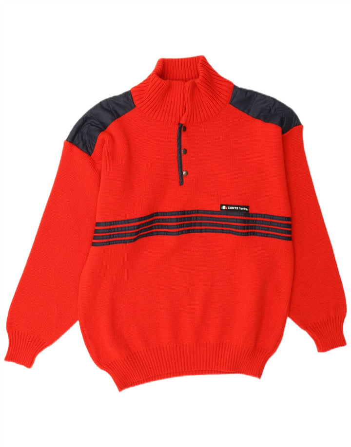 Vintage Herre Button Neck Jumper Sweater IT 48 Medium Rød Colourblock