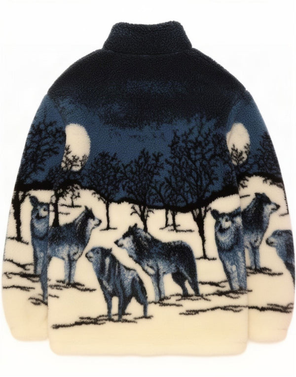 Vintage Herre grafisk fleecejakke UK 40 Large Navy Blue Animal Print