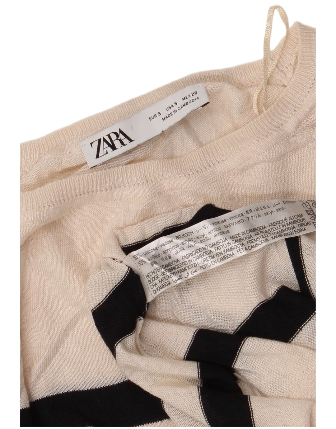 ZARA Womens Crop Boat Neck Jumper Sweater UK 10 Small Off White Stribet