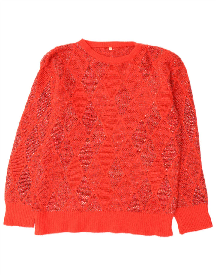 Vintage Womens Crew Neck Jumper Sweater UK 10 Small Red Argyle/Diamond