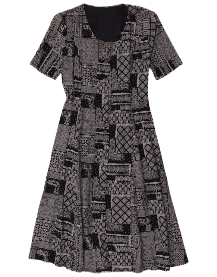 Vintage Dame A-Line Kjole UK 14 Medium Grey Patchwork