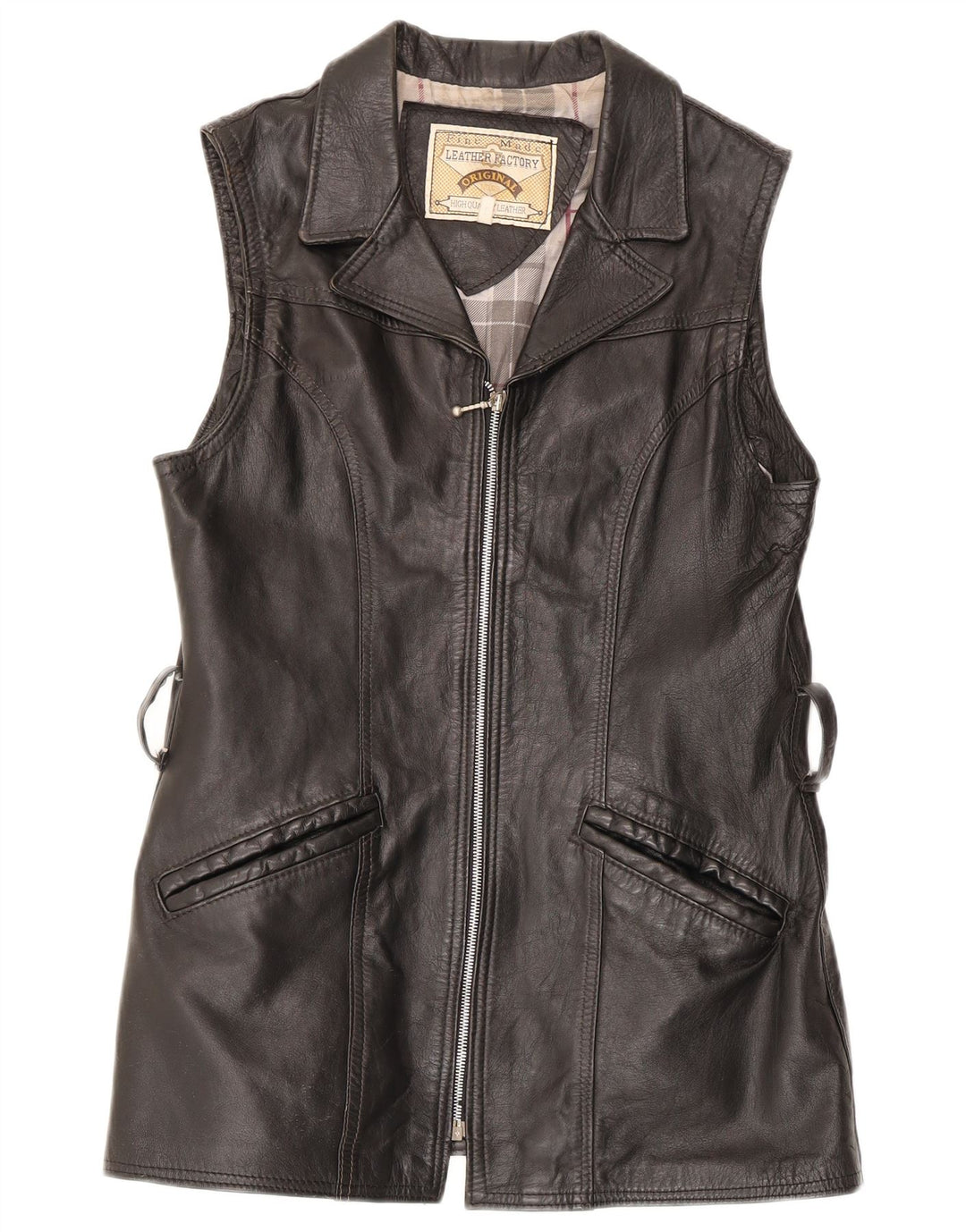 Vintage Dame Læder Gilet UK 14 Large Sort Læder