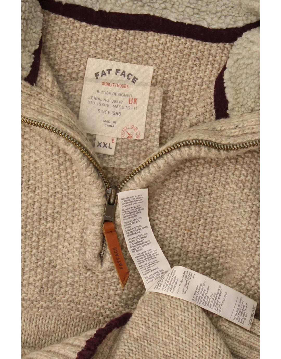 Fat Face Herre Zip Neck Jumper Sweater 2XL Beige Uld