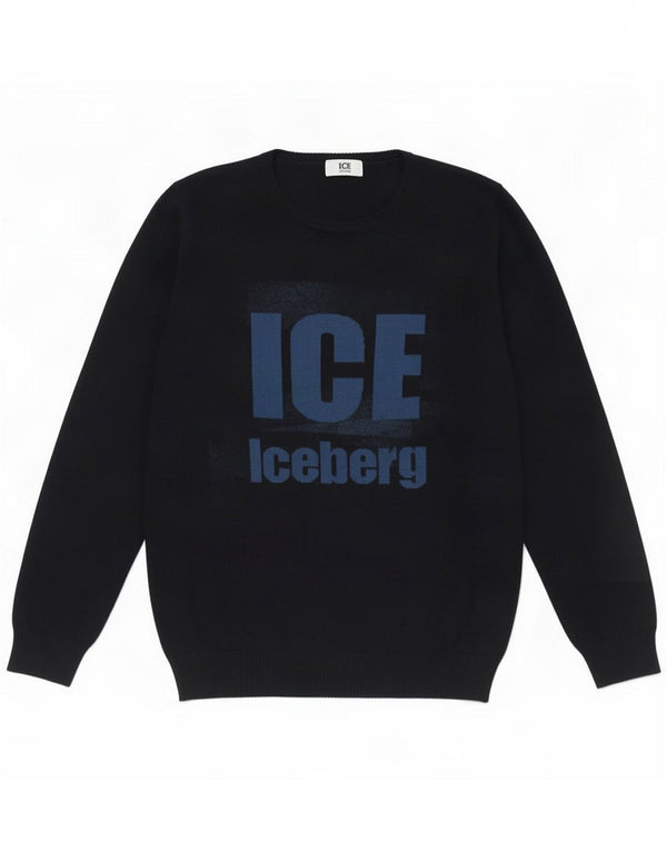 Iceberg Womens Graphic Crew Neck Jumper Sweater UK 20 2XL Black Wool