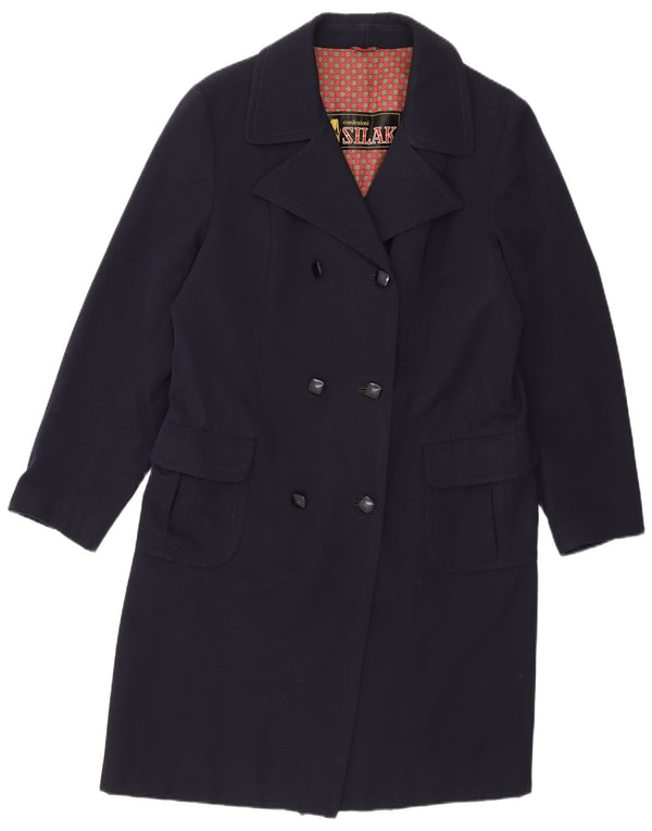 Vintage Dame Dobbeltradet Frakke UK 14 Medium Navy Blue Virgin Wool