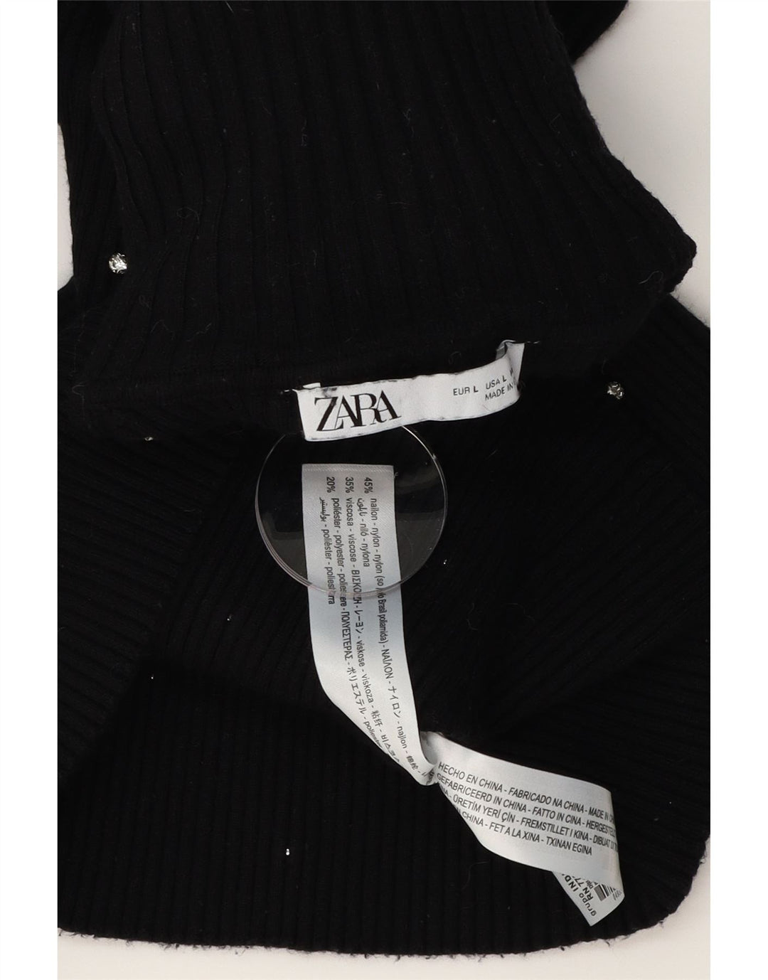 ZARA Womens Roll Neck Jumper Sweater UK 16 Large Black Spotted Nylon Vintage Zara and Second-Hand Zara from Messina Hembry 