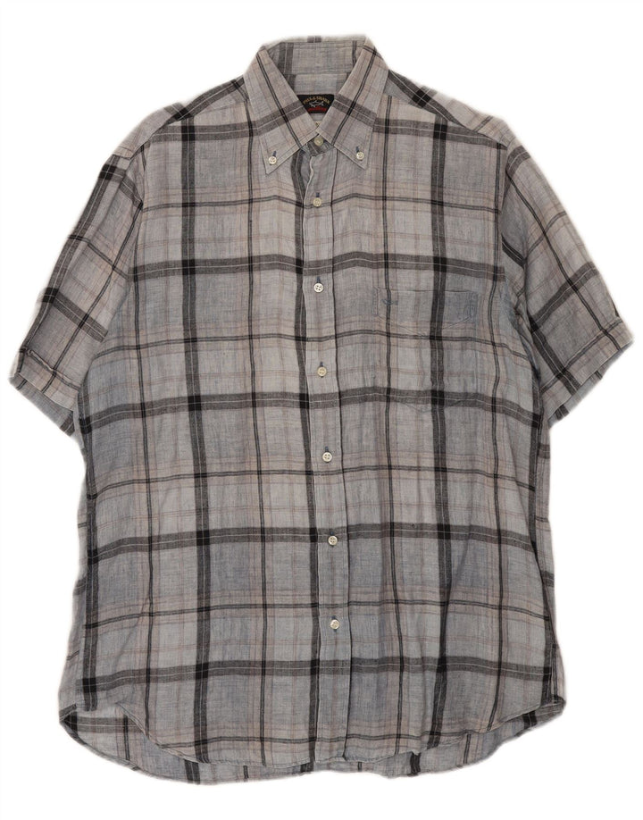PAUL & SHARK Mens Tall Short Sleeve Shirt Medium Blue Plaid Linen