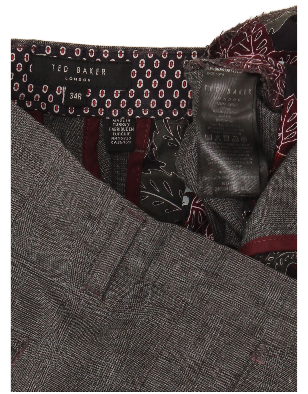 TED BAKER Herre Slim Suit Bukser W34 L32 Grå ternet polyester
