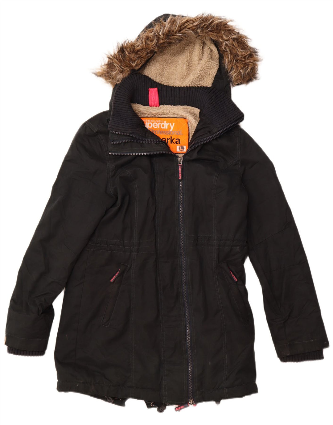 SUPERDRY Dame Windparka Graphic Hooded Parka Jacket UK 14 Large Black
