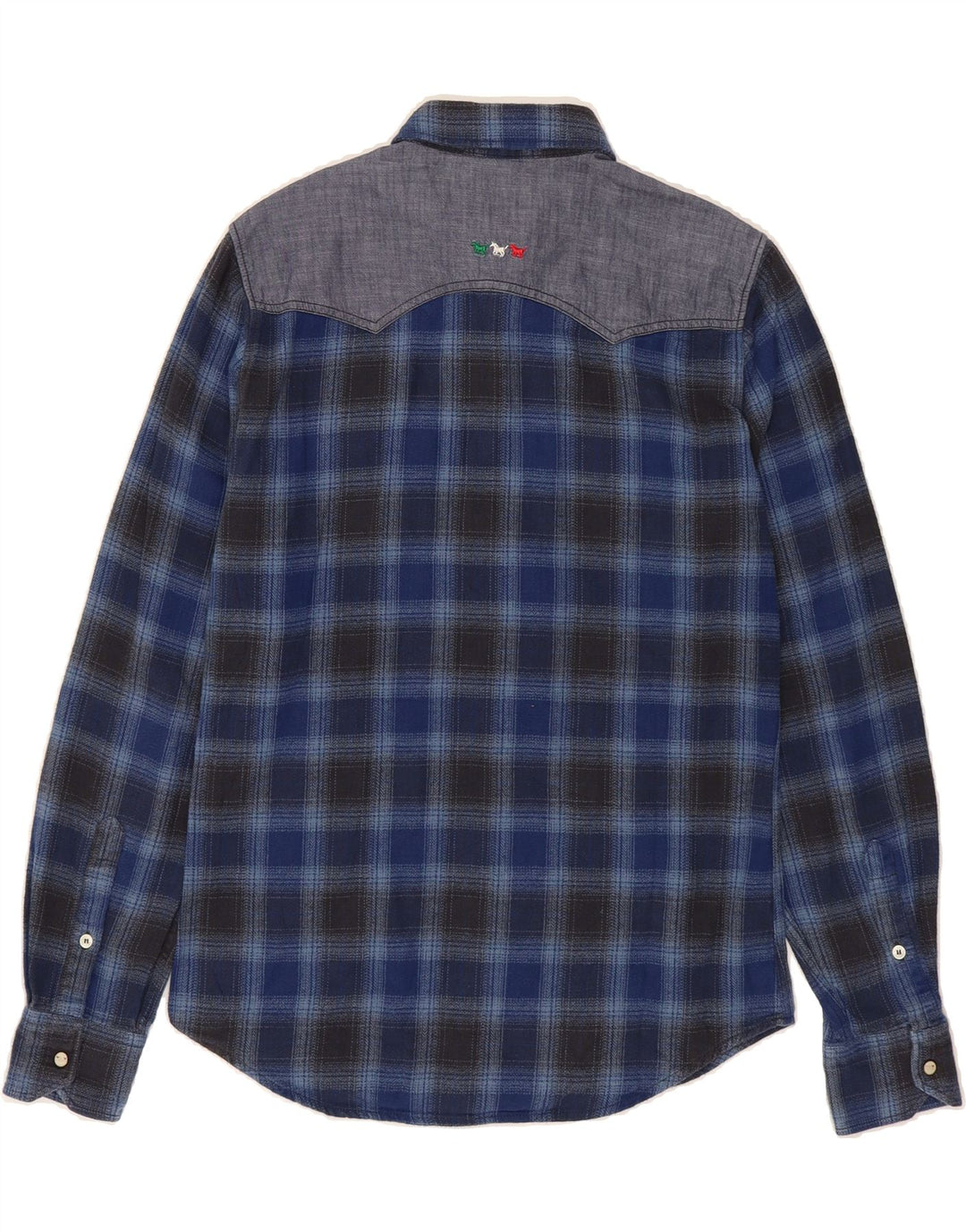 VINTAGE Mens Slim Flannel Shirt Medium Blue Check Cotton Vintage Vintage and Second-Hand Vintage from Messina Hembry 