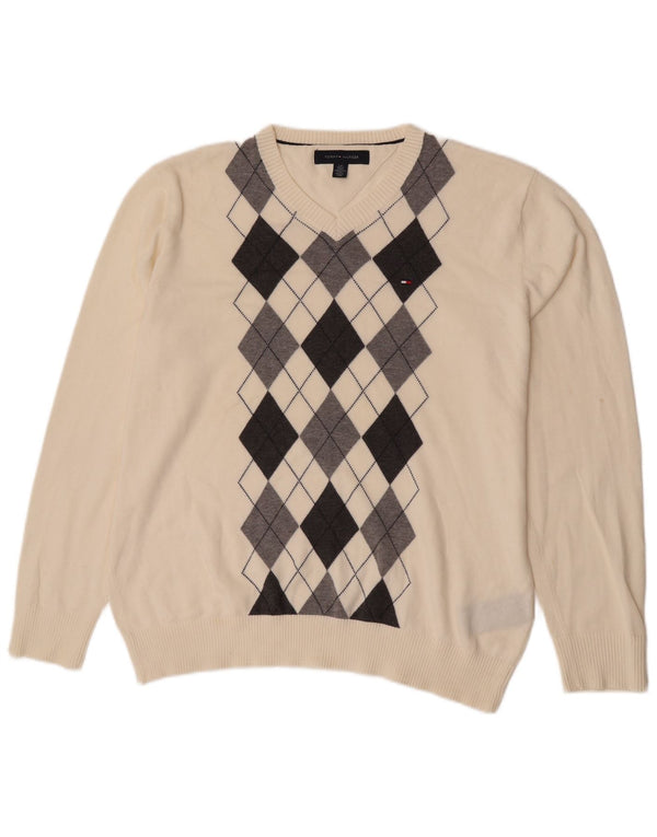 Tommy Hilfiger Herre V-hals trøje Sweater Large Off White Argyle/Diamond