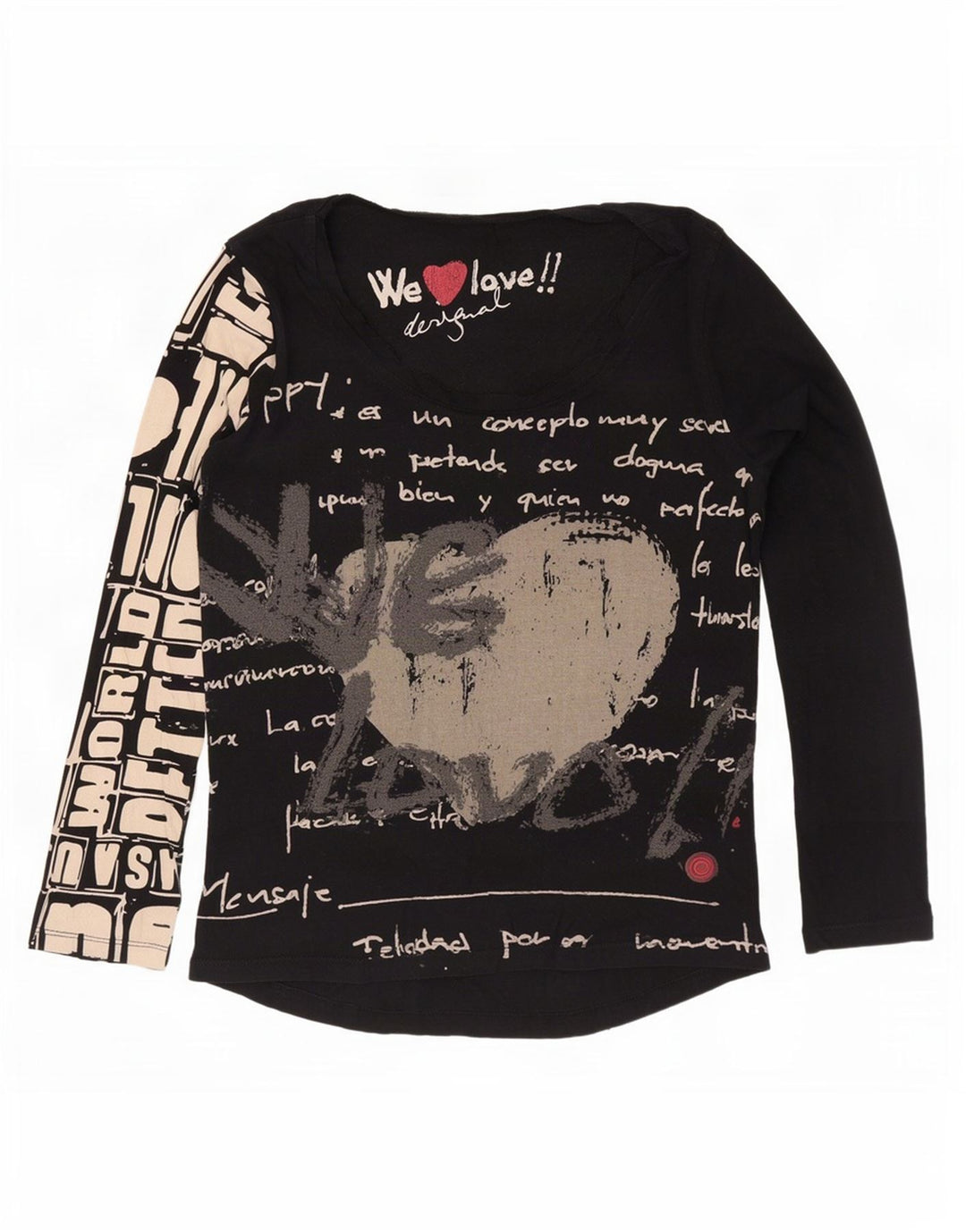 Desigual Dame Grafisk Top Langærmet UK 12 Medium Sort Bomuld
