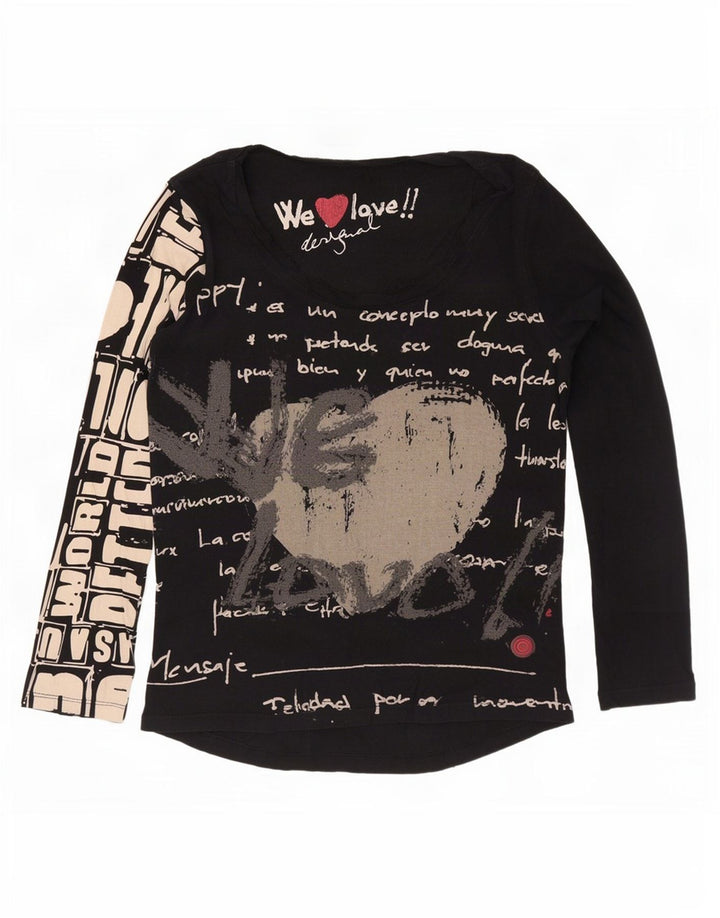 Desigual Dame Grafisk Top Langærmet UK 12 Medium Sort Bomuld