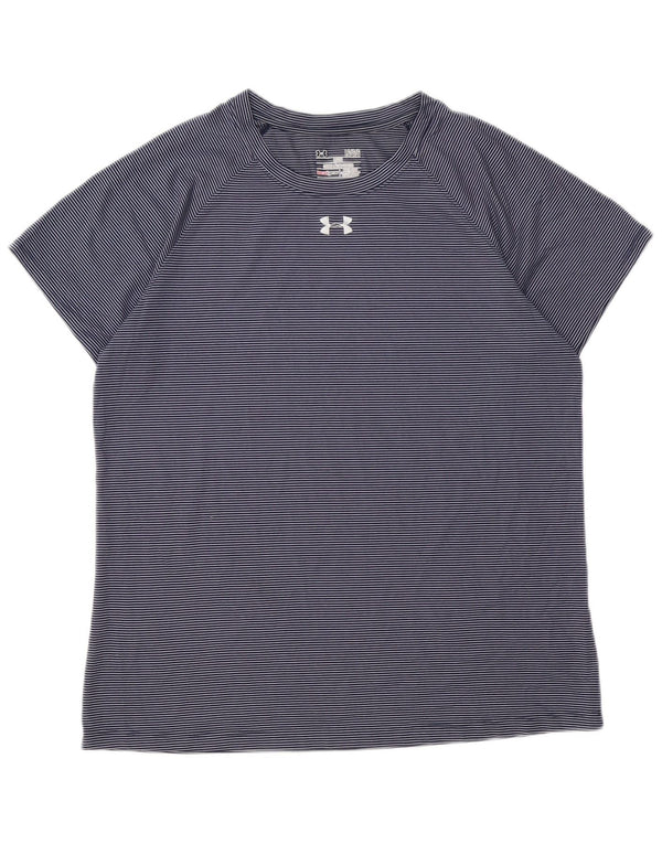 UNDER ARMOUR Dame Heat Gear T-Shirt Top UK 16 Large Navy Blue Pinstripe