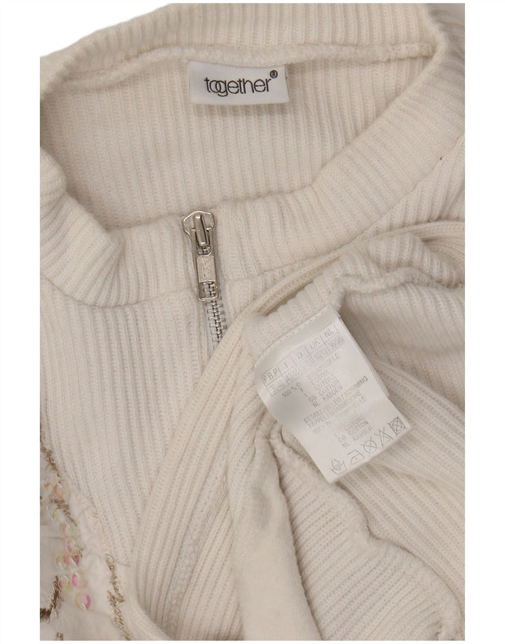 Together Dame Grafisk Zip Neck Jumper Sweater UK 10/12 Medium White