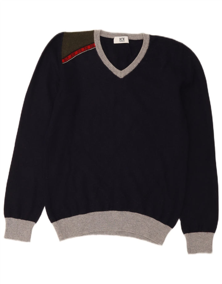 Iceberg Dame V-hals sweater UK 12 Medium Navy Blue Colourblock