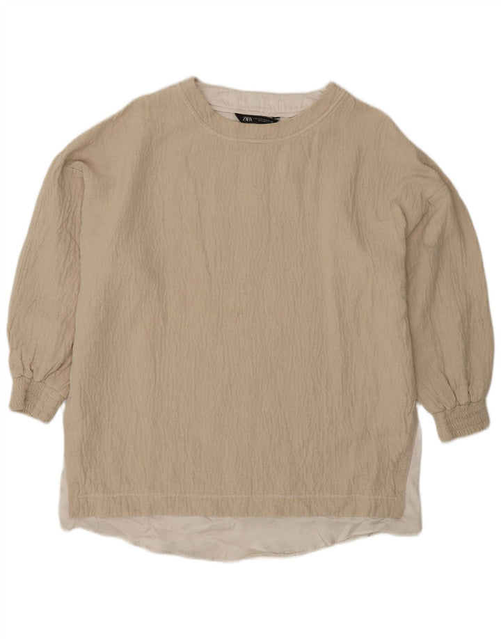 Zara Dame Oversized Bluse Top UK 6 XS Beige Bomuld