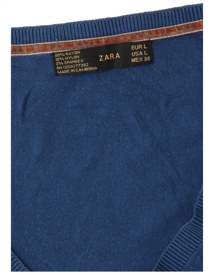 Zara Dame V-hals Jumper Sweater UK 16 Large Blue Rayon