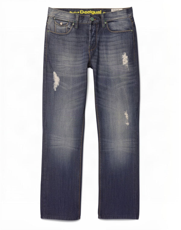 Desigual Men Distressed Regular Fit Straight Jeans W34 L32 Navy Blue