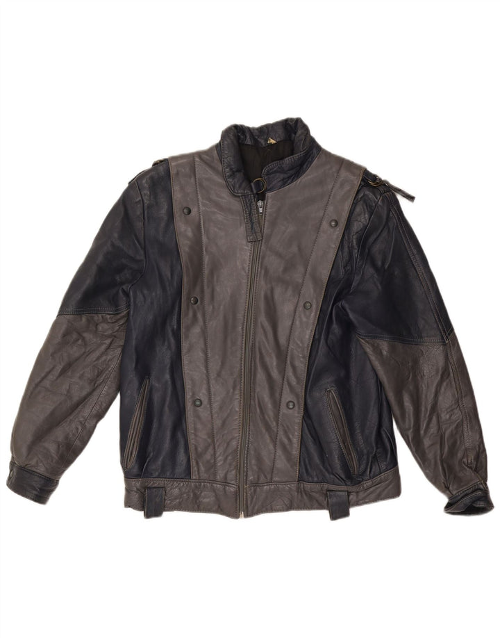 VINTAGE Dame Læderjakke UK 14 Medium Grey Colourblock