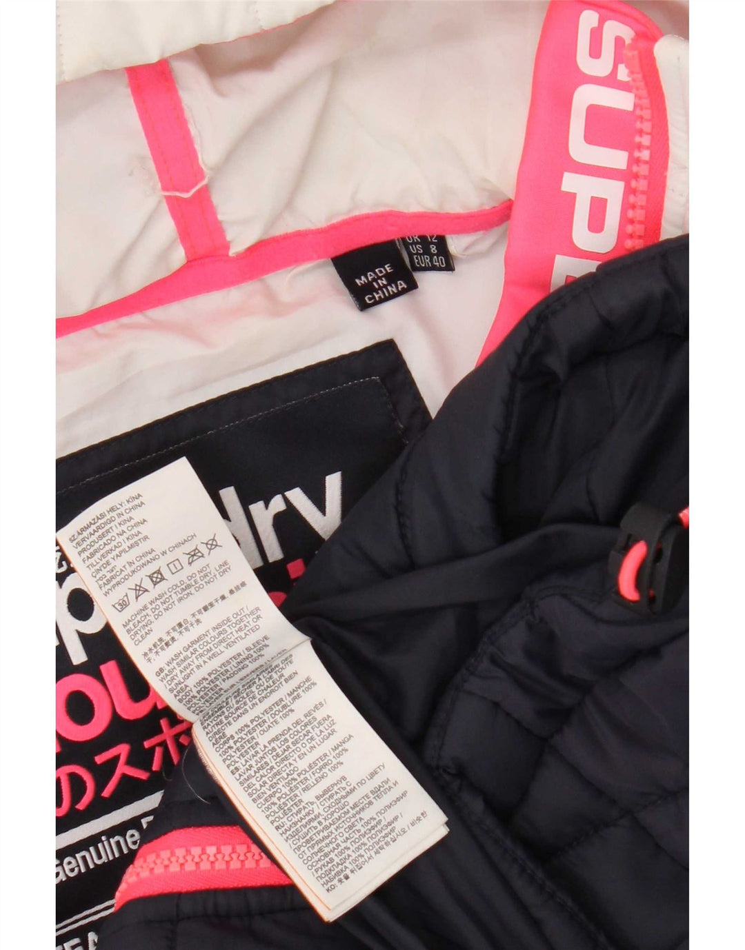 Superdry Polstret hættejakke til kvinder UK 12 Medium Navy Blue Colourblock