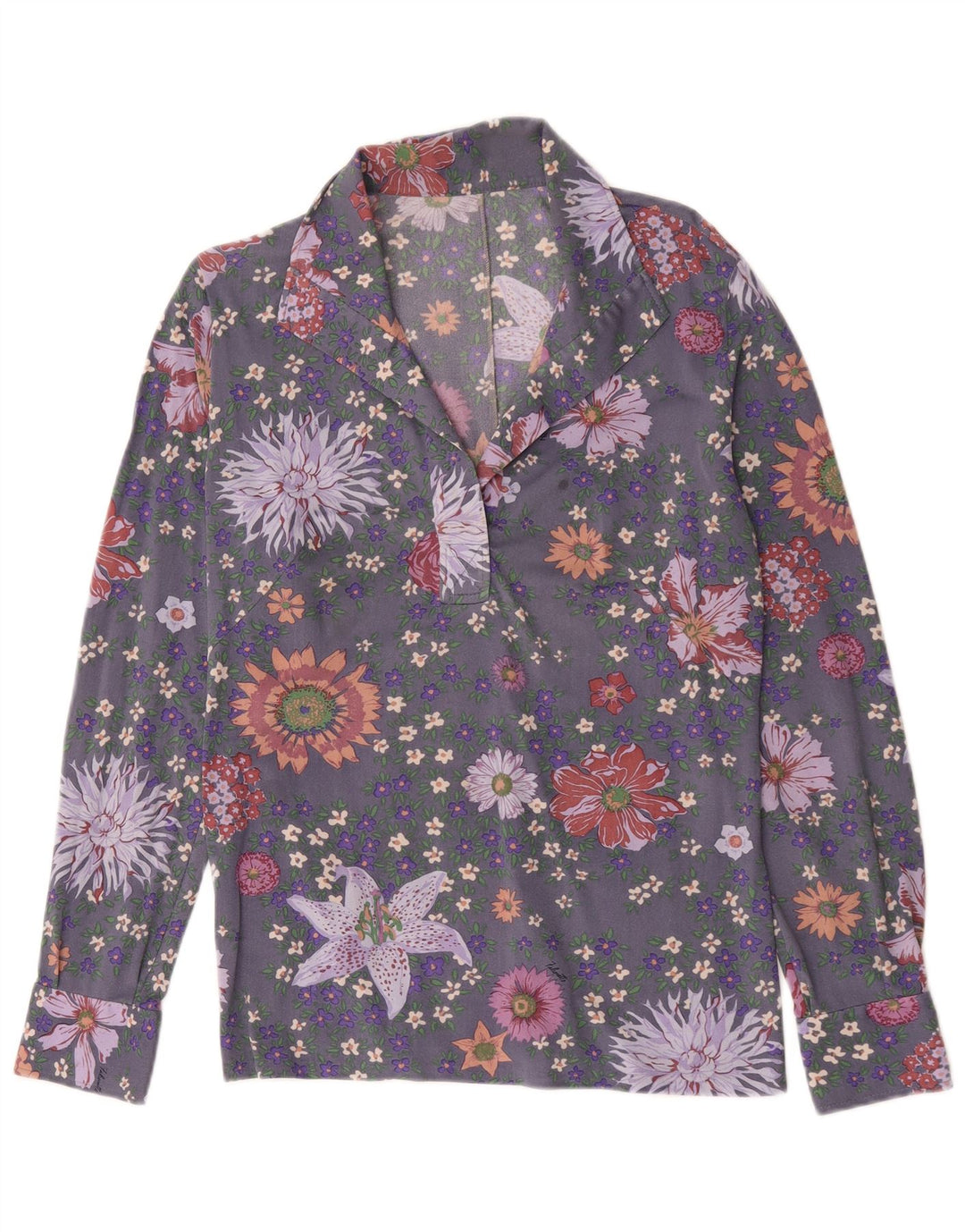 Vintage Dame Langærmet Pullover Shirt UK 14 Medium Grey Floral