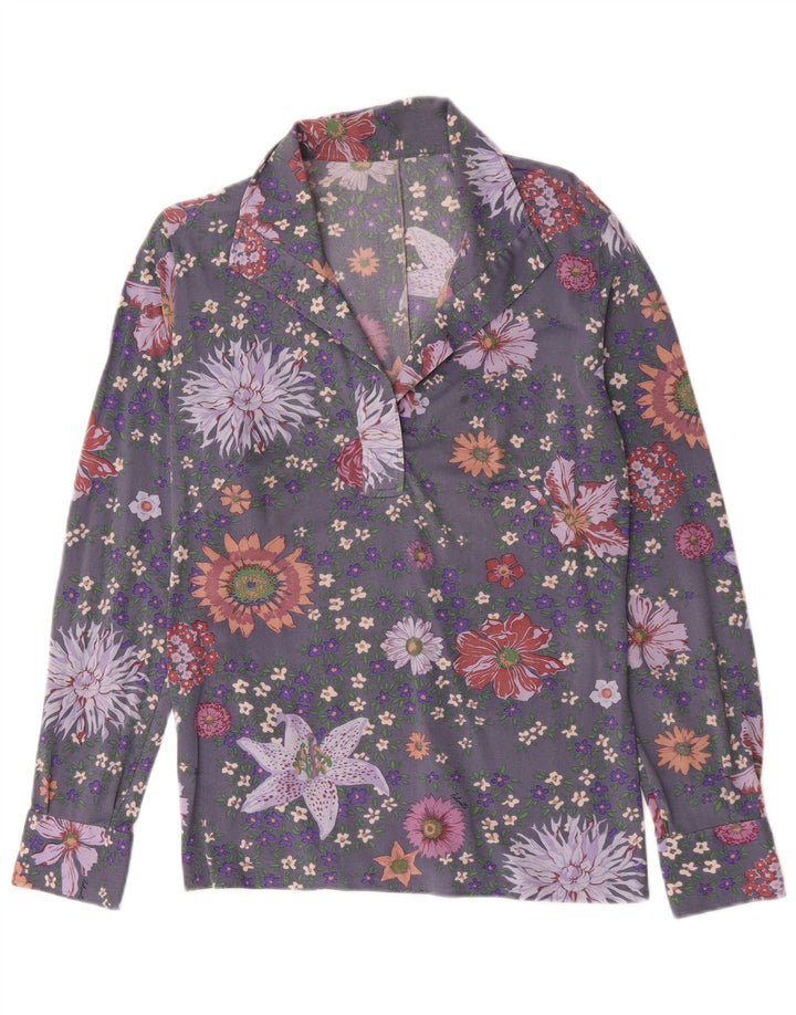 Vintage Dame Langærmet Pullover Shirt UK 14 Medium Grey Floral
