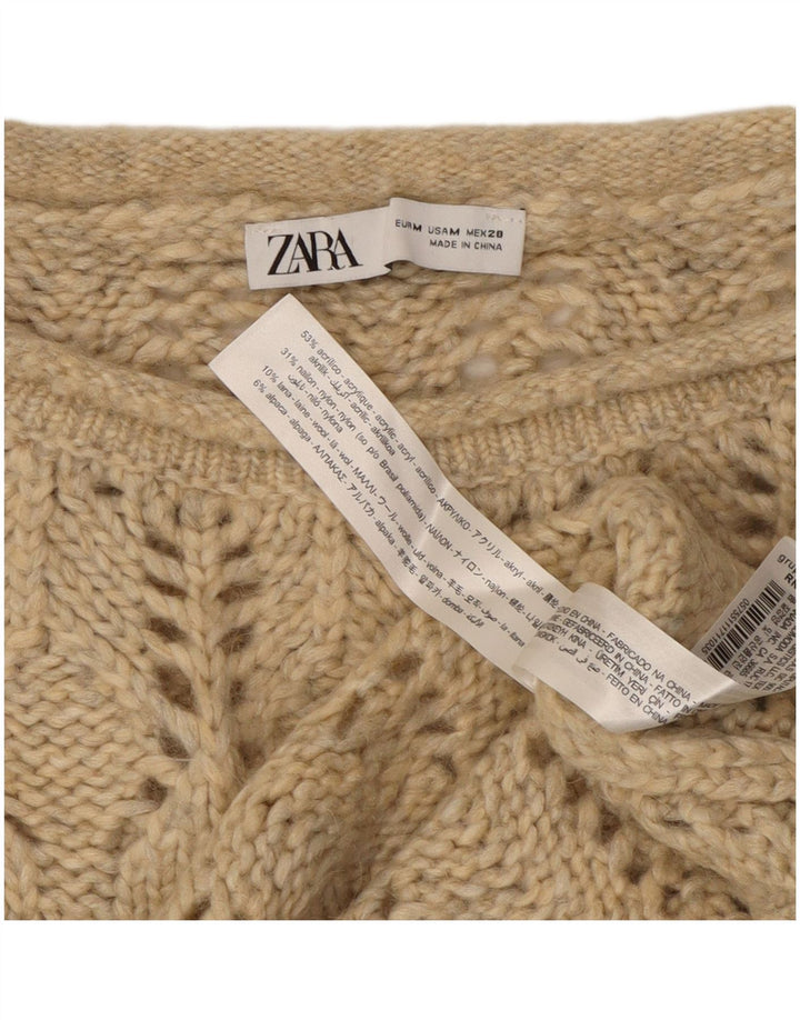 ZARA Womens Crop See Through Boat Neck Jumper Sweater UK 14 Medium Beige