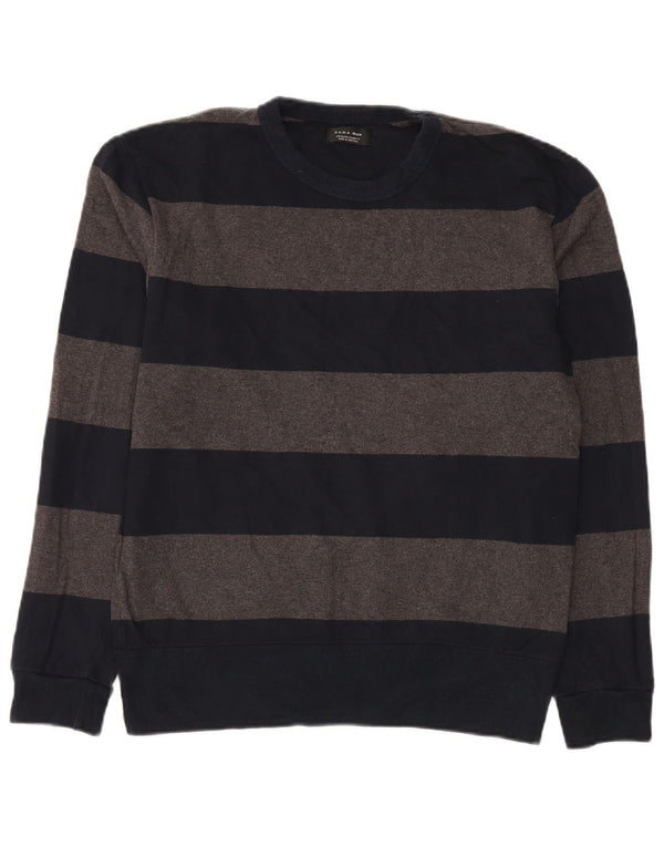 Zara Herre sweater med rund hals XL marineblå stribet bomuld