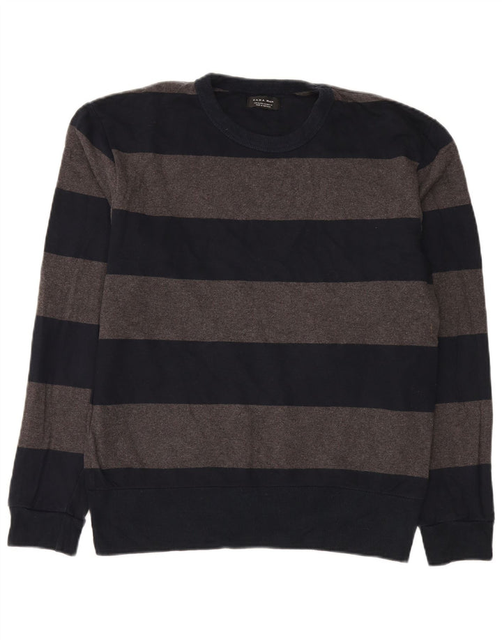 Zara Herre sweater med rund hals XL marineblå stribet bomuld