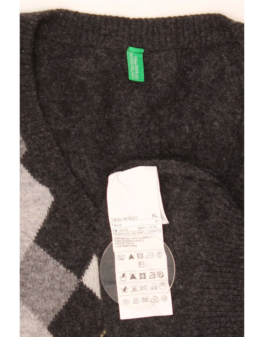 Benetton Herre V-hals sweater XL Grå Argyle/Diamond Wool