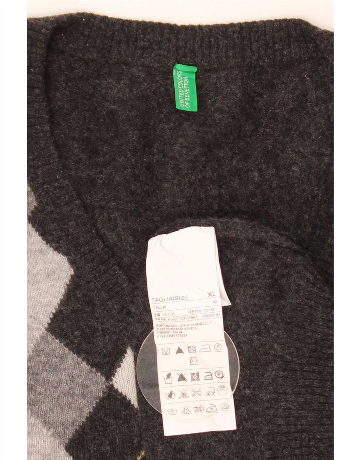 Benetton Herre V-hals sweater XL Grå Argyle/Diamond Wool