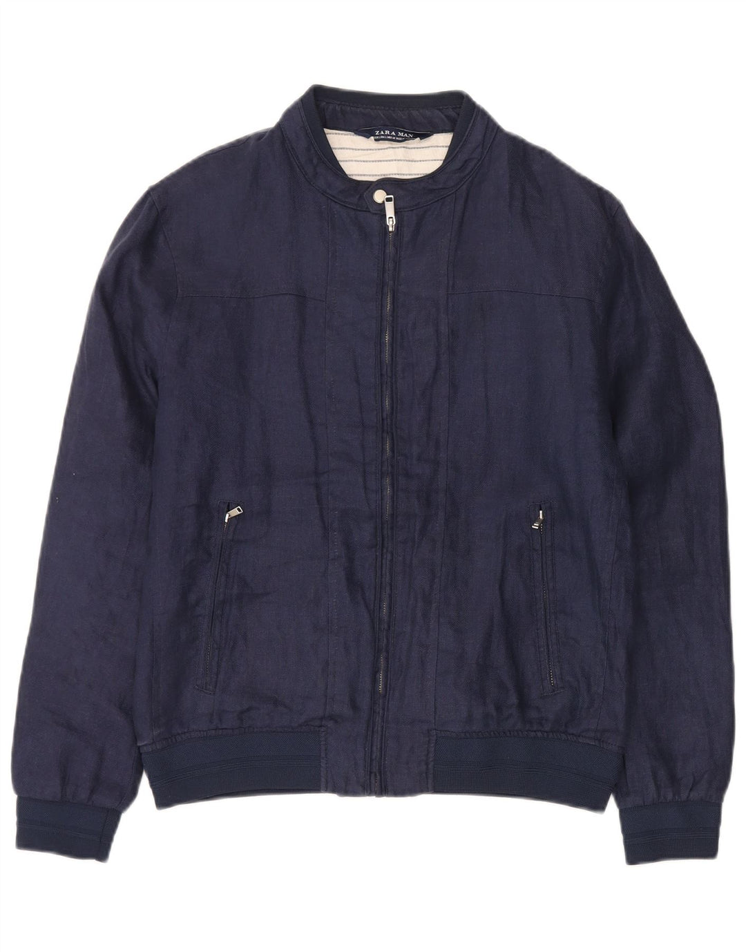 Zara Herre Bomber Jacket UK 40 Large Navy Blue Linen