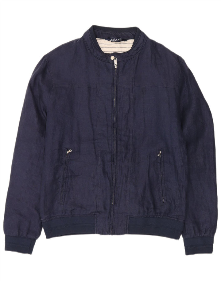 Zara Herre Bomber Jacket UK 40 Large Navy Blue Linen
