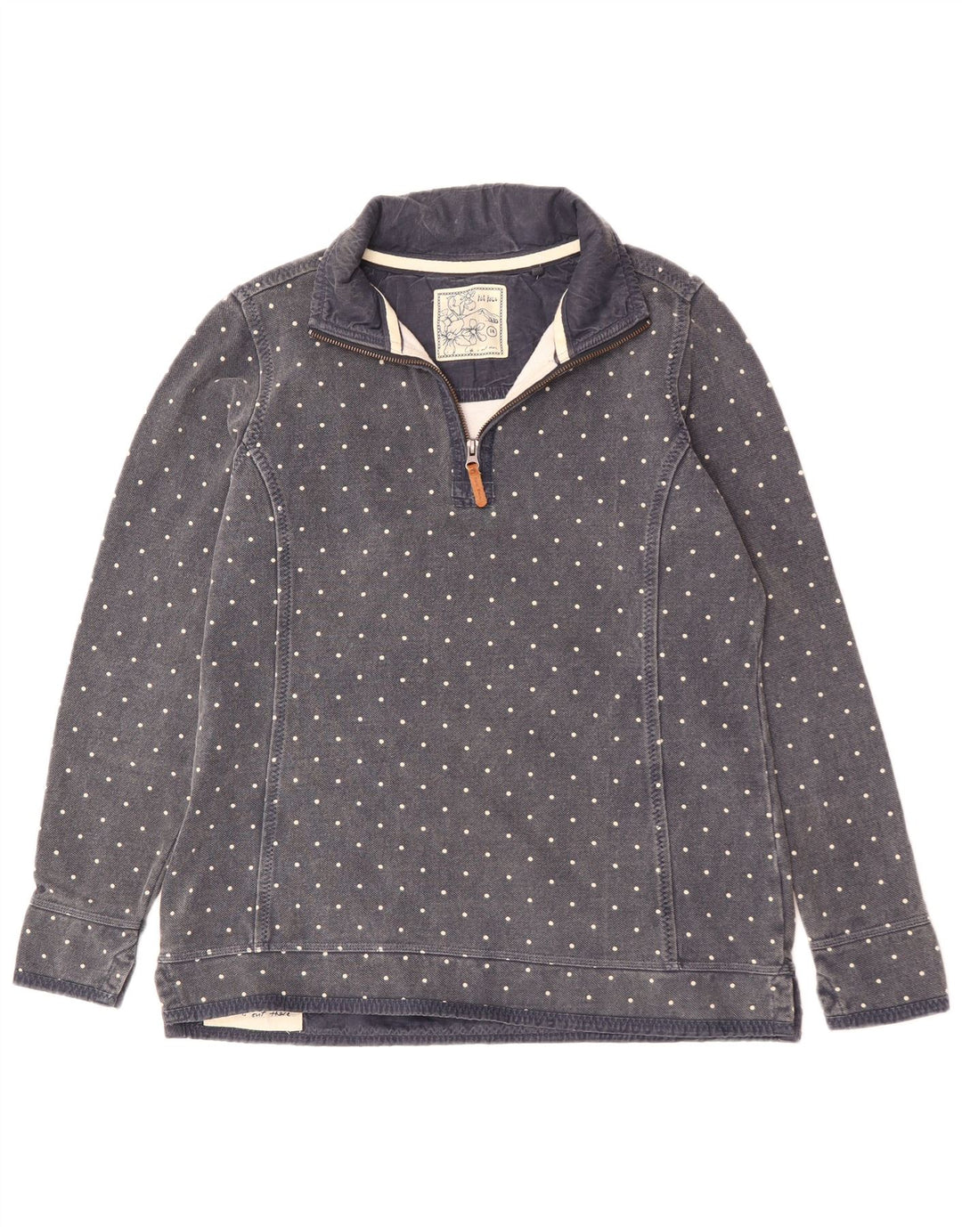 Fat Face Dame Zip Neck Sweatshirt Jumper UK 14 Large Navy Blue Spotted