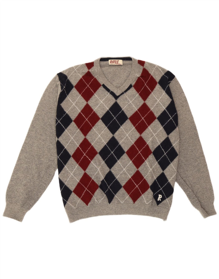Rifle Herre V-hals trøje Sweater Stor Grå Argyle/Diamond Wool