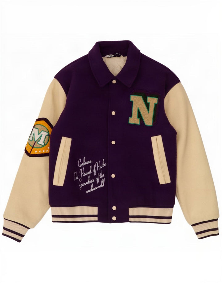 Zara Herre Grafisk Varsity Jacket UK 38 Medium Lilla Colourblock Polyester