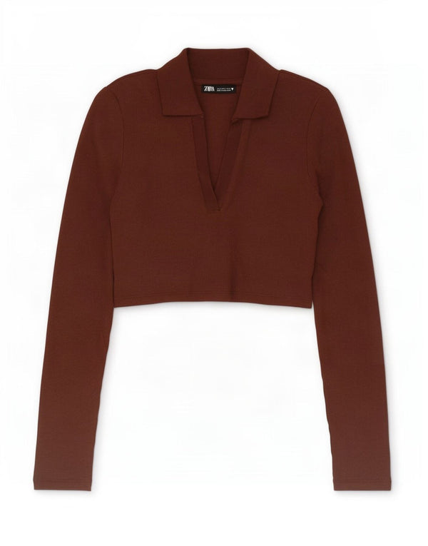 Zara Womens Crop Langærmet Polo Shirt UK 8 Small Brown Bomuld