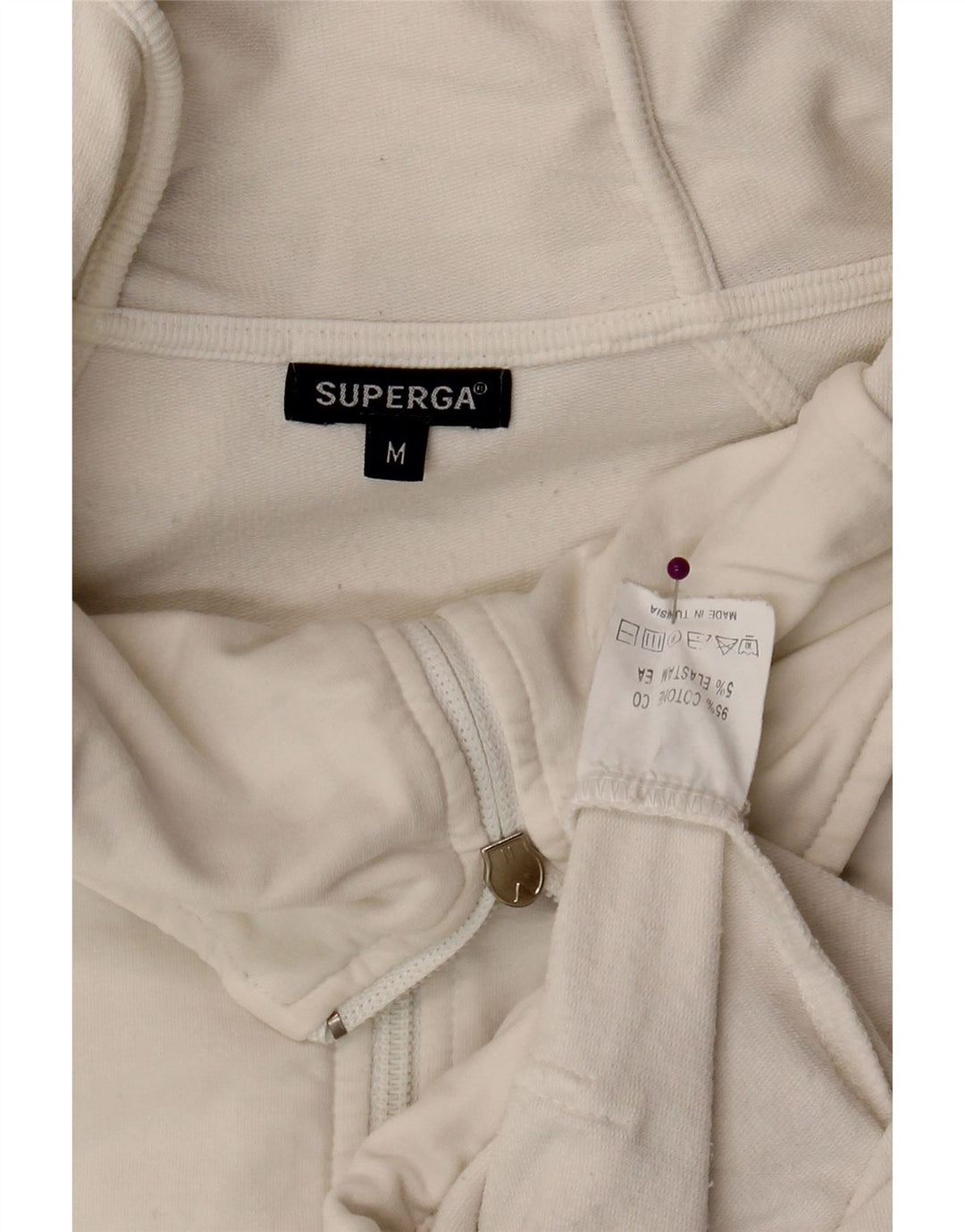 SUPERGA Womens Zip Hoodie Sweater UK 14 Medium Off White Cotton Vintage Superga and Second-Hand Superga from Messina Hembry 