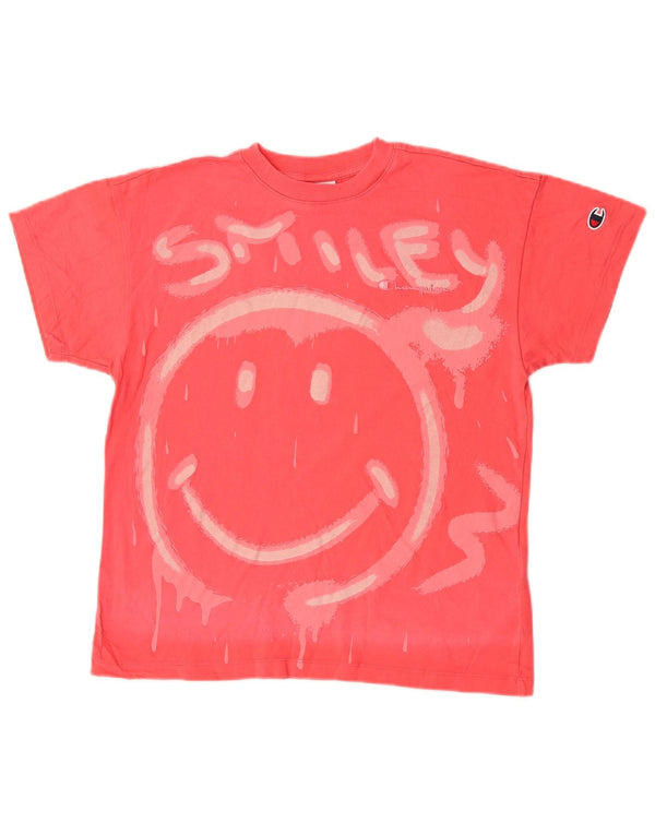 Champion Womens Smiley Oversized grafisk T-shirt Top UK 6 XS Pink Bomuld