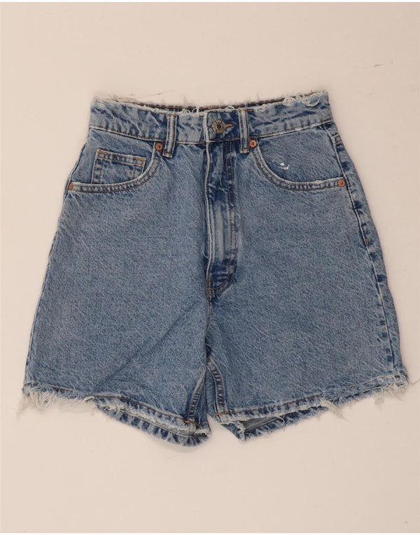 Zara Dame højtaljede denimshorts EU 34 2XS W24 Blå Bomuld