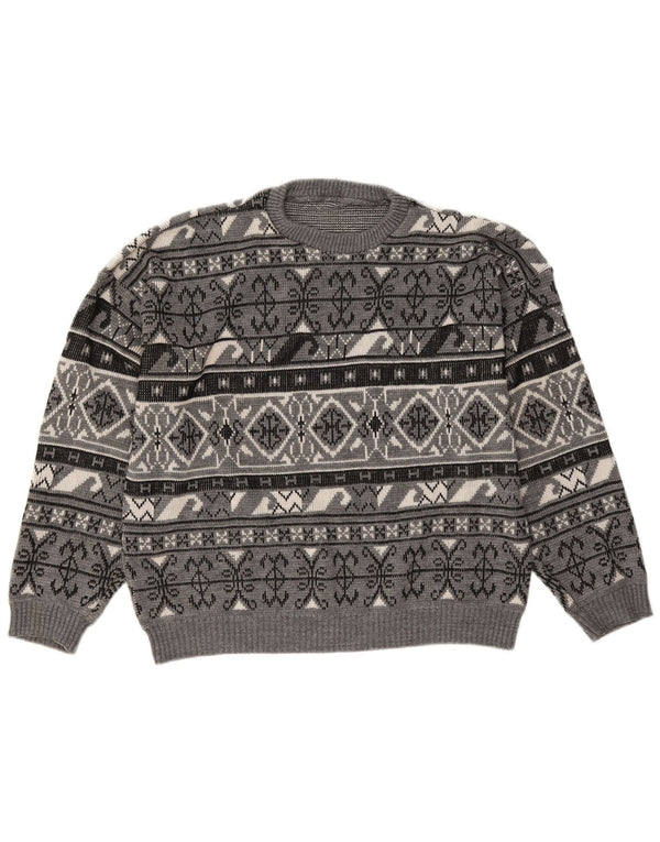 Vintage Herre rund hals sweater Large Grey Fair Isle