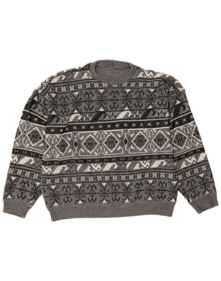Vintage Herre rund hals sweater Large Grey Fair Isle