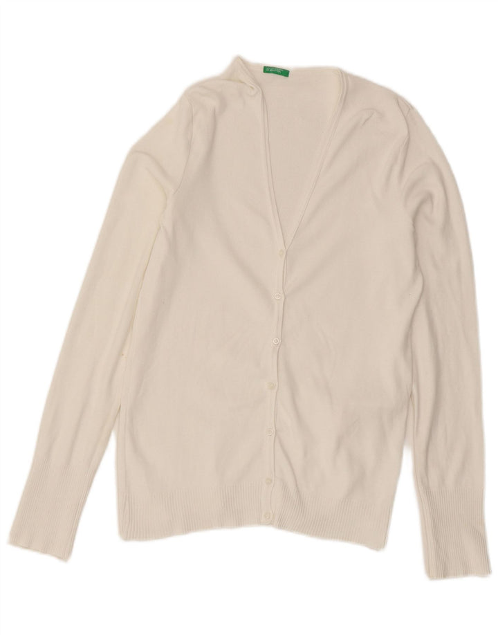 Benetton Dame Cardigan Sweater UK 14 Stor Hvid Bomuld