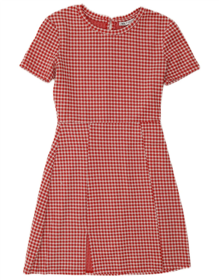 Zara Dame A-Line Kjole UK 8 Lille Rød Gingham Polyester