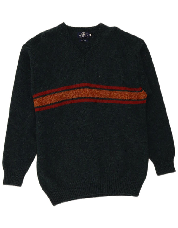 Vintage herre V-hals sweater stor grøn stribet uld