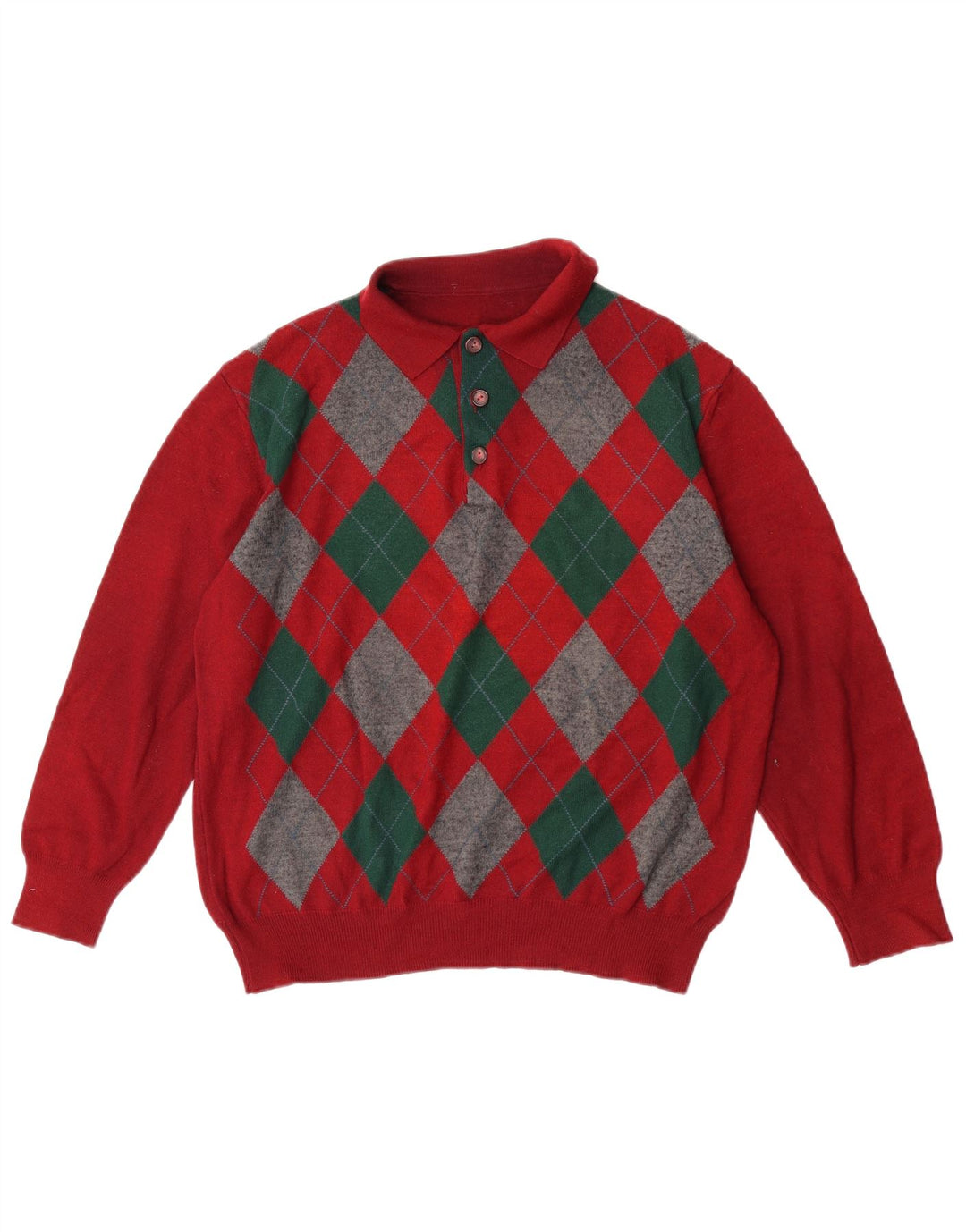 VINTAGE Herre Polo Neck Jumper Sweater Large Red Argyle/Diamond
